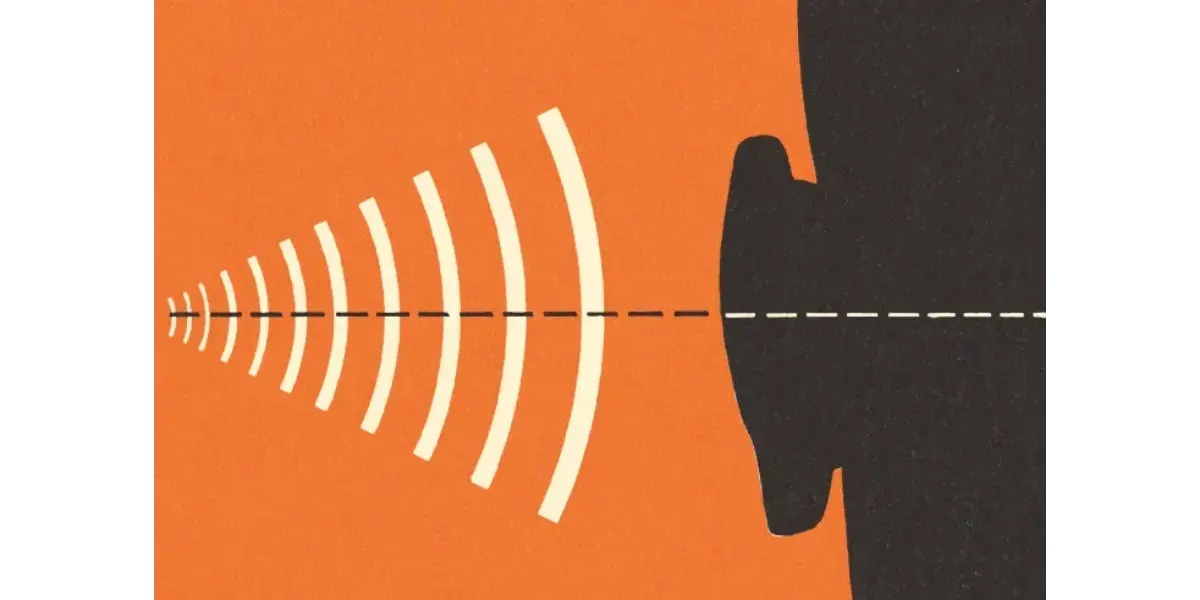 A graphic showing white sound waves radiating from a face silhouette on an orange background, representing the height and direction of a vocal sound beam.