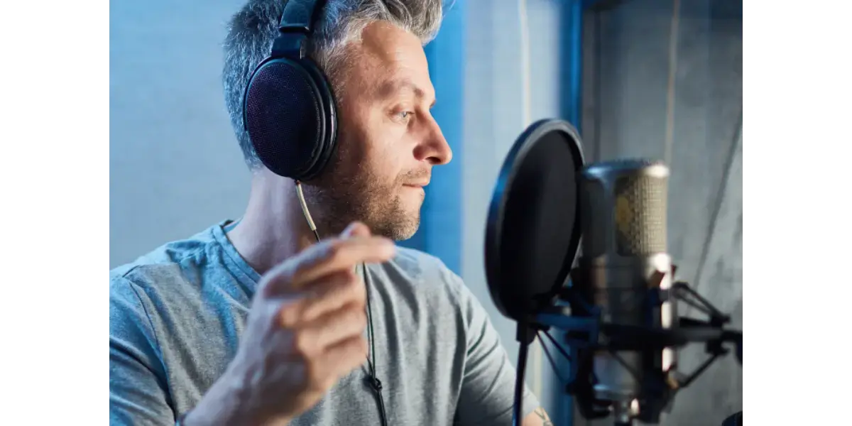 A professional singer recording vocals in a studio, representing a career in the music industry.