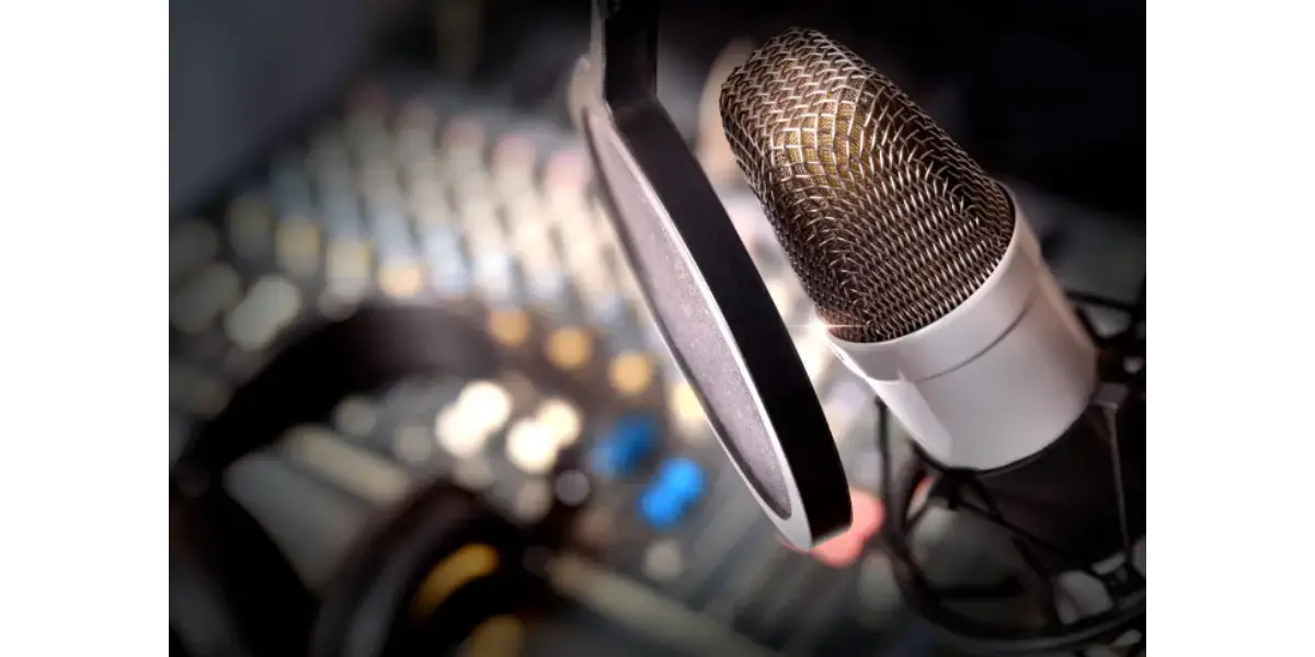 A professional studio microphone used for recording vocals and practicing singing.