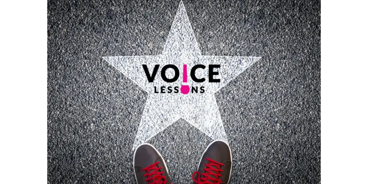 A singer's feet in red sneakers stepping into a stage spotlight, featuring the words "Voice Lessons.